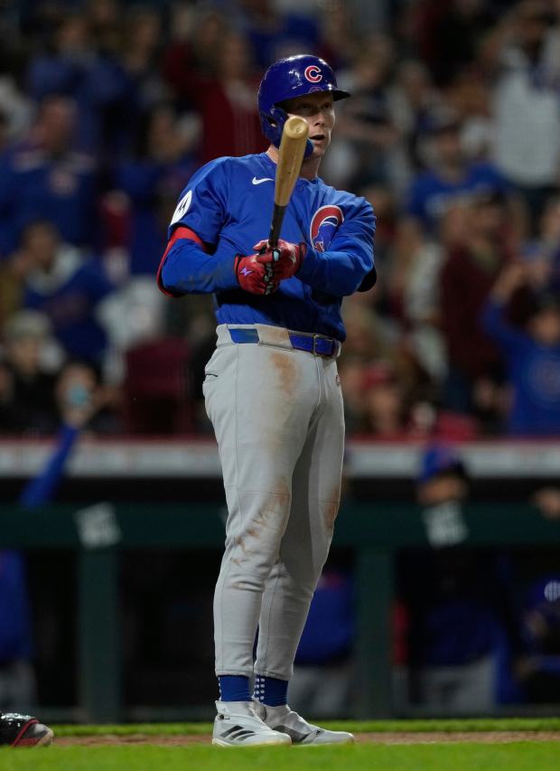 Cubs center fielder Pete Crow-Armstrong watches hit grand slam off the right-field foul pole during the seventh inning against the Reds on May 23, 2025, in Cincinnati. (Carolyn Kaster/AP)