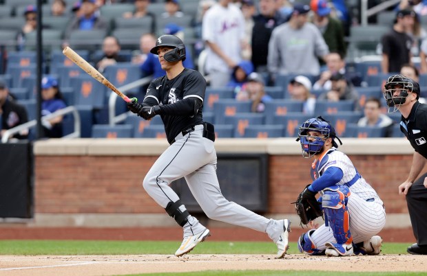 White Sox first baseman Miguel Vargas follows through on his first-inning double against the Mets on May 28, 2025, in New York. (Jim McIsaac/Getty Images)