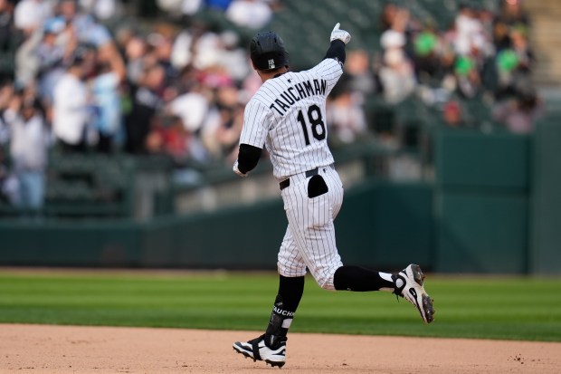 White Sox right fielder Mike Tauchman rounds the bases after hitting a solo home run during the eighth inning against the Rangers on May 24, 2025, at Rate Field. (Erin Hooley/AP)