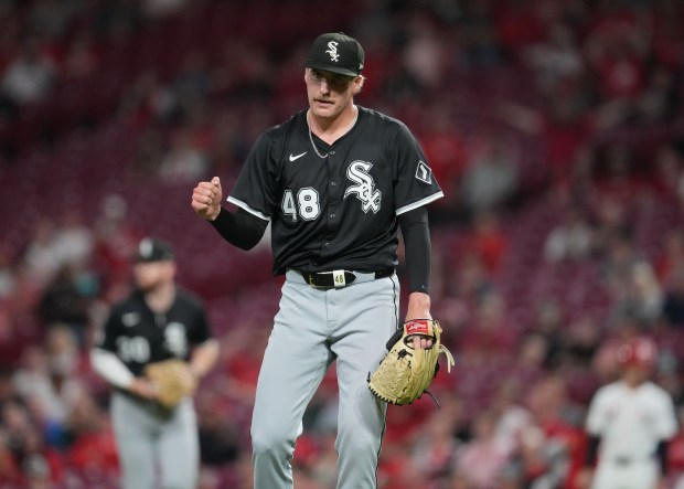 White Sox pitcher Jonathan Cannon pumps his fist during a game against the Reds on May 13, 2025, at Great American Ball Park in Cincinnati. (Jeff Dean/Getty Images)