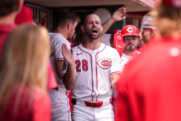 Reds starter Nick Martinez (28) celebrates with teammates during the first inning against the White Sox on May 15, 2025, in Cincinnati. (Jeff Dean/AP)