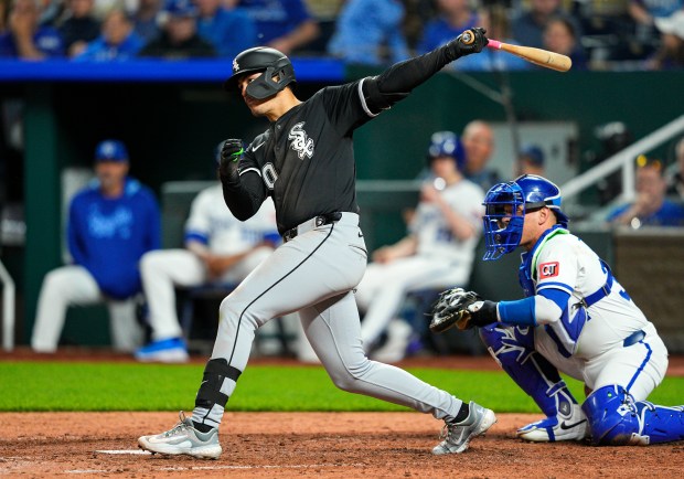 White Sox third baseman Miguel Vargas hits a single during the eighth inning against the Royals on May 5, 2025, at Kauffman Stadium in Kansas City, Mo. (Jay Biggerstaff/Getty Images)