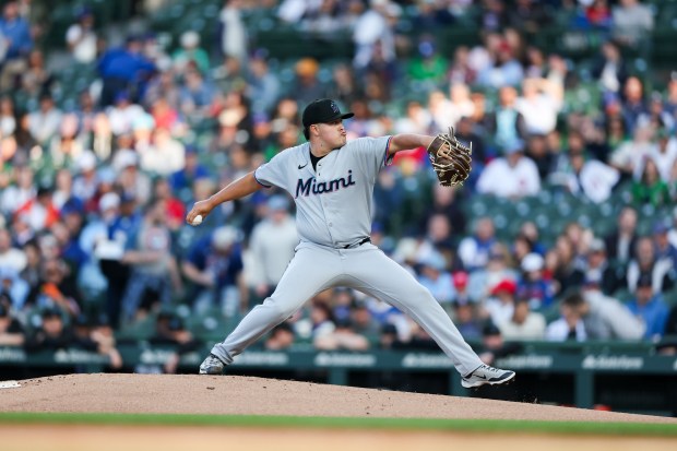 Miami Marlins pitcher Valente Bellozo (83) pitches during the first inning against the Chicago Cubs at Wrigley Field Tuesday May 13, 2025, in Chicago. (Armando L. Sanchez/Chicago Tribune)