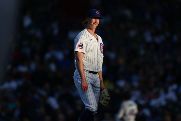 Chicago Cubs pitcher Ben Brown (32) walks to the dugout after allowing a run during the second inning against the Miami Marlins at Wrigley Field Tuesday May 13, 2025, in Chicago. (Armando L. Sanchez/Chicago Tribune)