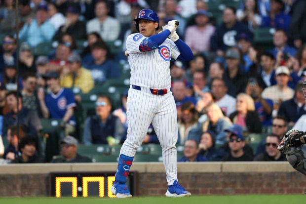 Chicago Cubs designated hitter Moisés Ballesteros (25) stands at the plate for his debut during the second inning Miami Marlins at Wrigley Field Tuesday May 13, 2025, in Chicago. (Armando L. Sanchez/Chicago Tribune)