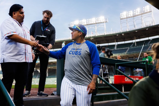Chicago Cubs catcher Moisés Ballesteros walks through the dugout before making his debut against the Miami Marlins at Wrigley Field Tuesday May 13, 2025, in Chicago. (Armando L. Sanchez/Chicago Tribune)