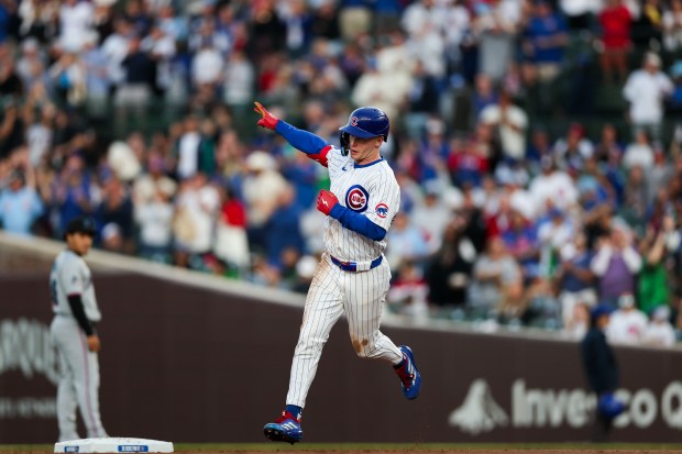 Chicago Cubs outfielder Pete Crow-Armstrong (4) runs the bases after hitting a solo-homer during the third inning against the Miami Marlins at Wrigley Field Tuesday May 13, 2025, in Chicago. (Armando L. Sanchez/Chicago Tribune)
