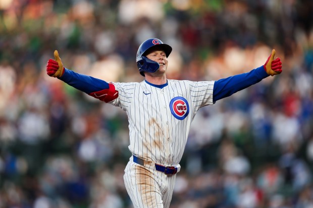 Chicago Cubs outfielder Pete Crow-Armstrong (4) runs the bases after hitting a solo-homer during the third inning against the Miami Marlins at Wrigley Field Tuesday May 13, 2025, in Chicago. (Armando L. Sanchez/Chicago Tribune)
