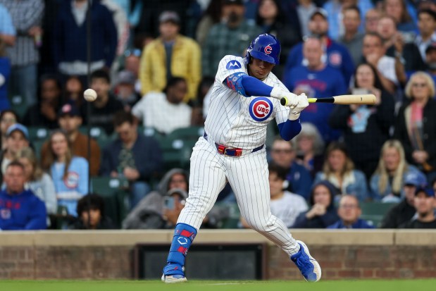 Chicago Cubs catcher Moisés Ballesteros (25) grounds into a double play during the fourth inning against the Miami Marlins at Wrigley Field Tuesday May 13, 2025, in Chicago. (Armando L. Sanchez/Chicago Tribune)
