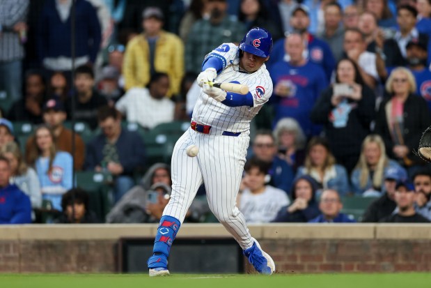 Chicago Cubs catcher Moisés Ballesteros (25) grounds into a double play during the fourth inning against the Miami Marlins at Wrigley Field Tuesday May 13, 2025, in Chicago. (Armando L. Sanchez/Chicago Tribune)
