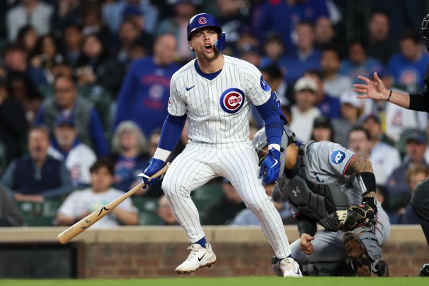 Chicago Cubs second base Nico Hoerner (2) yells after being hit by a pitch form Miami Marlins pitcher Valente Bellozo (83) during the fifth inning at Wrigley Field Tuesday May 13, 2025, in Chicago. (Armando L. Sanchez/Chicago Tribune)