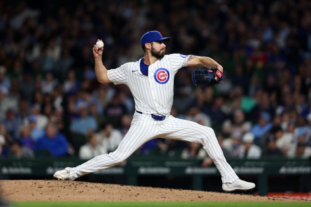 Chicago Cubs pitcher Julian Merryweather (66) pitches during the seventh inning against the Miami Marlins at Wrigley Field Tuesday May 13, 2025, in Chicago. (Armando L. Sanchez/Chicago Tribune)