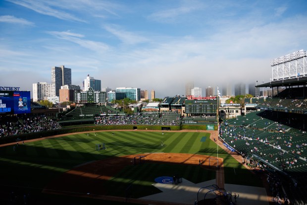 Fog covers buildings near the lakefront before the Chicago Cubs play the Miami Marlins at Wrigley Field Tuesday May 13, 2025, in Chicago. (Armando L. Sanchez/Chicago Tribune)
