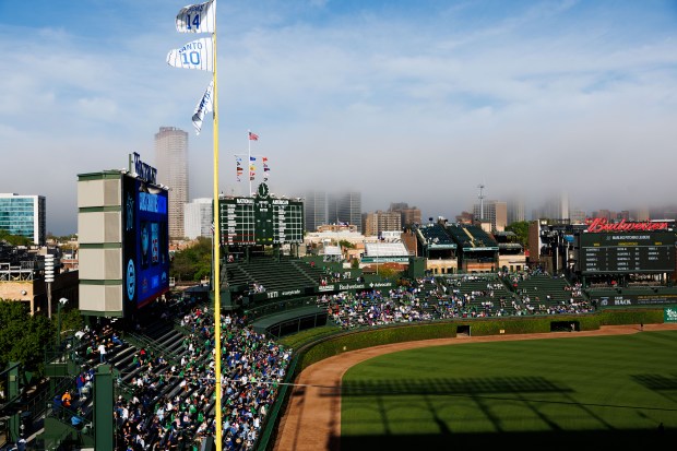 Fog covers buildings near the lakefront before the Chicago Cubs play the Miami Marlins at Wrigley Field Tuesday May 13, 2025, in Chicago. (Armando L. Sanchez/Chicago Tribune)