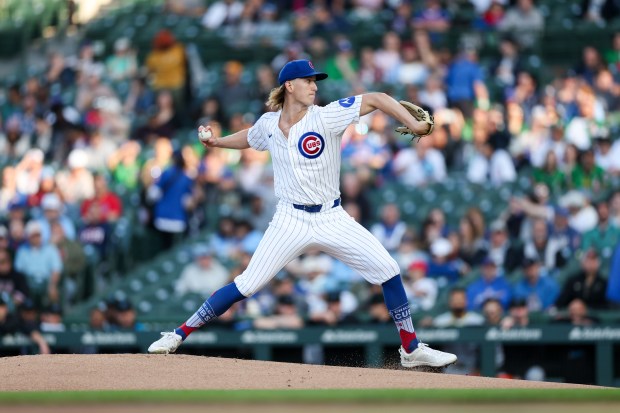 Chicago Cubs pitcher Ben Brown (32) pitches during the first inning against the Miami Marlins at Wrigley Field Tuesday May 13, 2025, in Chicago. (Armando L. Sanchez/Chicago Tribune)