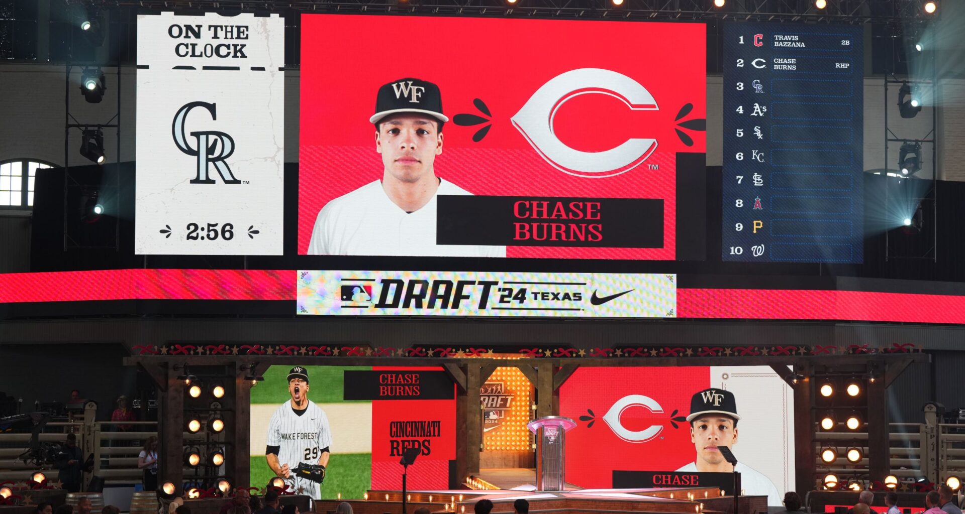 FORT WORTH, TX - JULY 14: A general view of the stage after Chase Burns was selected second overall by the Cincinnati Reds during the 2024 MLB Draft presented by Nike at Cowtown Coliseum on Sunday, July 14, 2024 in Fort Worth, Texas. (Photo by Sam Hodde/MLB Photos via Getty Images)