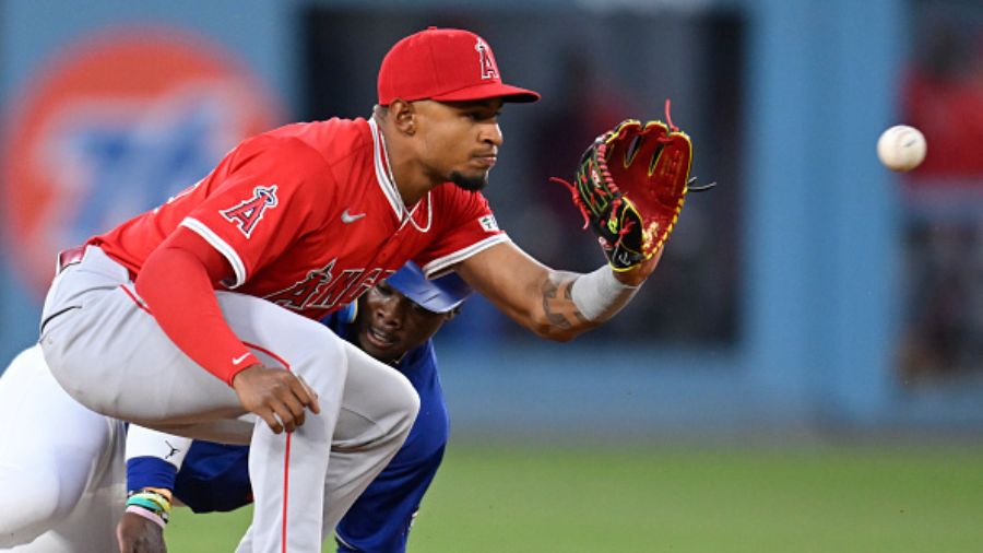 Christian Moore #94 of the Los Angeles Angels...