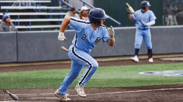 El Camino College Warriors sophomore catcher Gio Crow makes a sprint to first base after he hits a Saddleback College Bobcats pitch on Saturday, May 3, 2025. (Oriana de Quay | The Union)