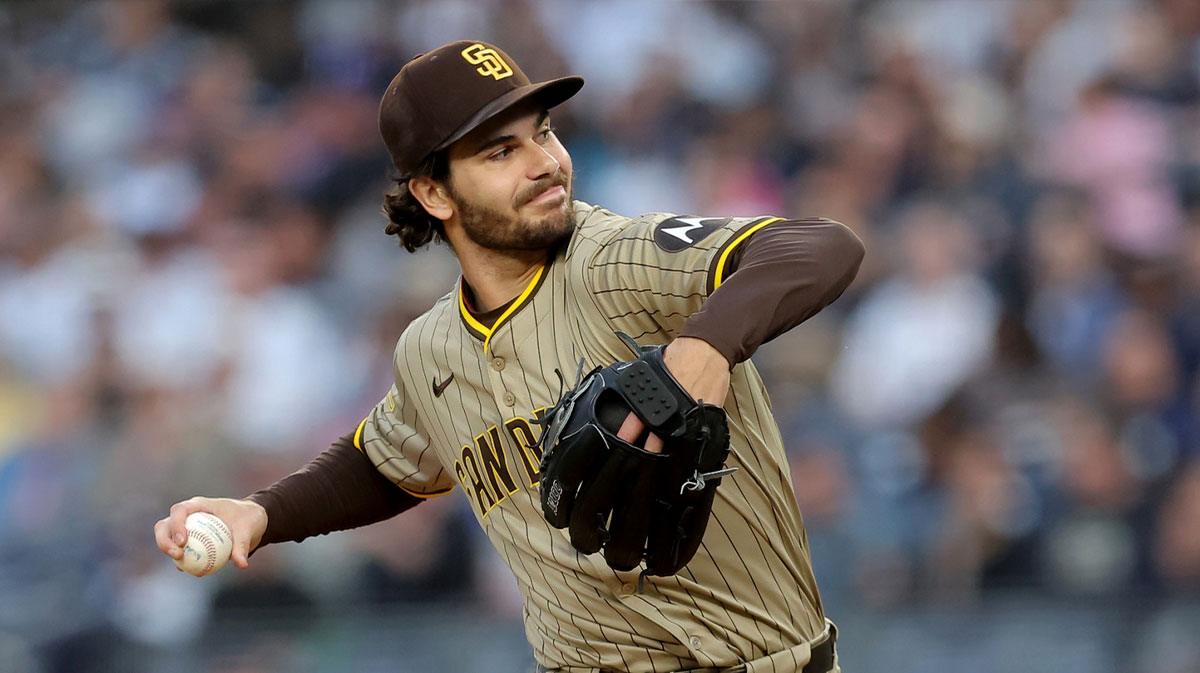 San Diego Padres starting pitcher Dylan Cease (84) pitches against the New York Yankees during the first inning at Yankee Stadium.