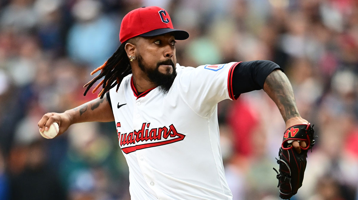 Cleveland Guardians relief pitcher Emmanuel Clase (48) throws a pitch during the ninth inning against the Los Angeles Dodgers at Progressive Field.