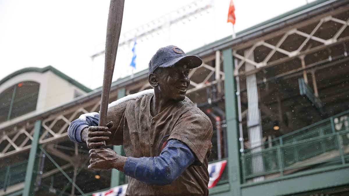 A general shot of a statue of MLB Hall of Fame member and former Chicago Cubs player Ernie Banks outside Wrigley Field prior to a game against the Pittsburgh Pirates. 