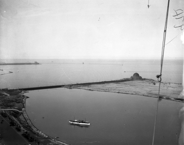 An aerial view of the Adler Planetarium at Lake Michigan...