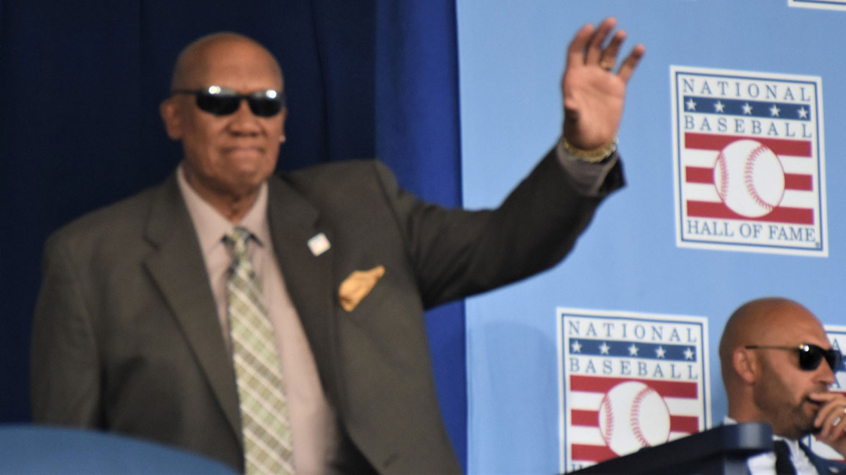 Fergie Jenkins acknowledges the crowd during the introduction of returning inductees at the National Baseball Hall of Fame's 2024 induction ceremony Sunday, July 21, 2024, at the Clark Sports Center in Cooperstown, New York.
