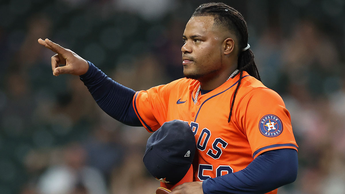 Houston Astros starting pitcher Framber Valdez (59) reacts at the end of the fourth inning against the Kansas City Royals at Daikin Park.
