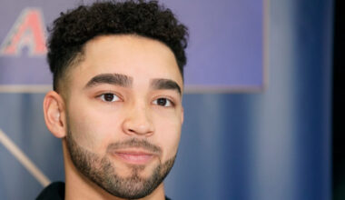Jordan Lawlar #10 of the Arizona Diamondbacks speaks to the media during the World Series Workout D...