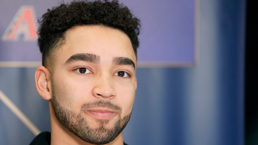 Jordan Lawlar #10 of the Arizona Diamondbacks speaks to the media during the World Series Workout D...