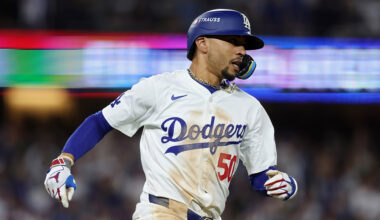 Mookie Betts 50 of the Los Angeles Dodgers reacts after hitting a double during the 8th inning of Game Six of the National League Championship Series against the New York Mets at Dodger Stadium on October 20, 2024 in Los Angeles, California.