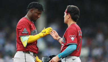 Corbin Carroll #7 and Geraldo Perdomo #2 of the Arizona Diamondbacks...
