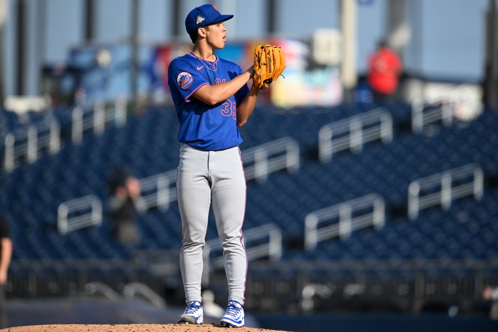 Jonah Tong #38 of the New York Mets prepares to pitch during the second inning of a spring training Spring Breakout game against the Washington Nationals at CACTI Park of the Palm Beaches on March 16, 2025 in West Palm Beach, Florida.