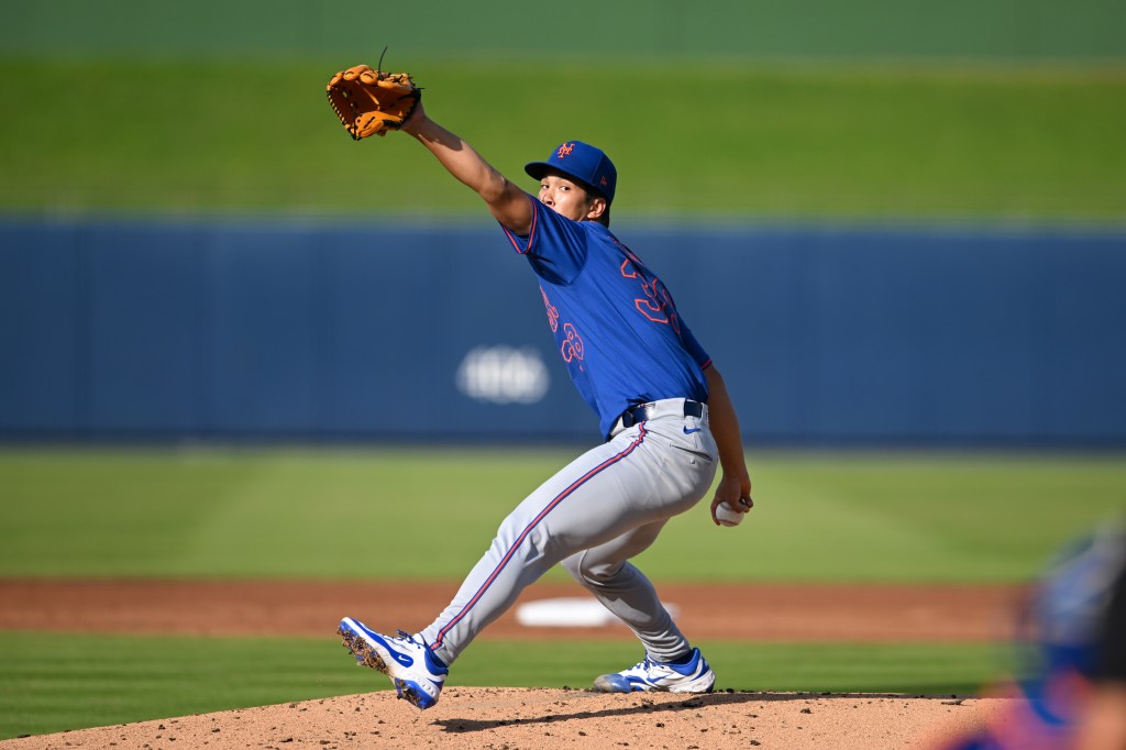 Jonah Tong #38 of the New York Mets throws a pitch during the first inning of a spring training Spring Breakout game against the Washington Nationals at CACTI Park of the Palm Beaches on March 16, 2025 in West Palm Beach, Florida.