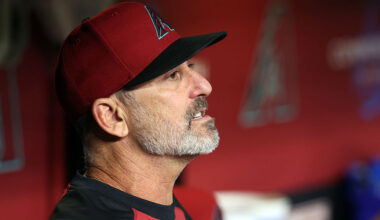 Manager Torey Lovullo #17 of the Arizona Diamondbacks watches the action during the seventh inning ...
