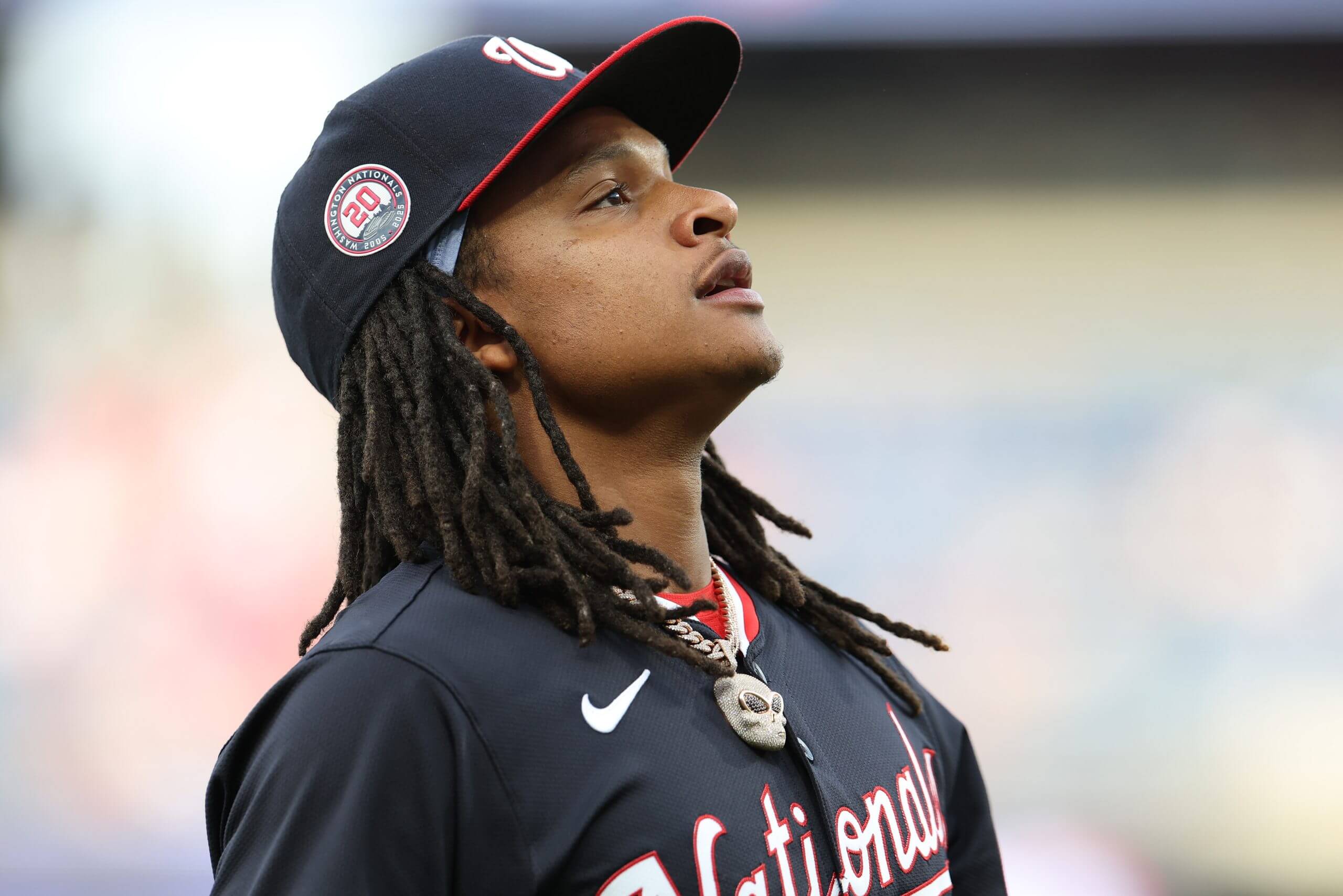 CJ Abrams looks to the sky with the Washington Nationals.