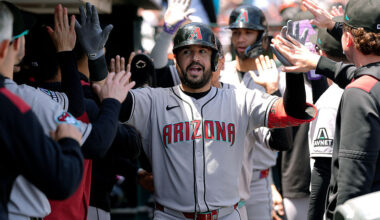 Eugenio Suárez #28 of the Arizona Diamondbacks...