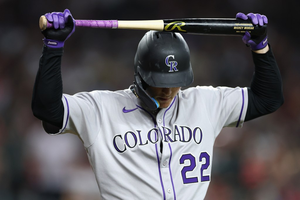 Mickey Moniak reacts to a strike out against the Arizona Diamondbacks during the eighth inning of the MLB game at Chase Field on May 18, 2025 in Phoenix, Arizona. 