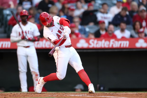 The Angels’ Taylor Ward hits a solo home run during...