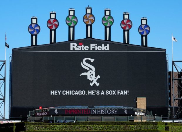 "Hey Chicago, He's a Sox fan!" reads the White Sox scoreboard after Cardinal Robert Prevost, a Chicago native, was chosen as the 267th pontiff on May 8, 2025, in Chicago. (Chicago White Sox)
