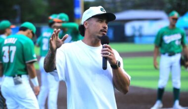 Kolten Wong spoke to the crowd at Les Murakami Stadium before Hawaii played against UC San Diego on Friday night.
