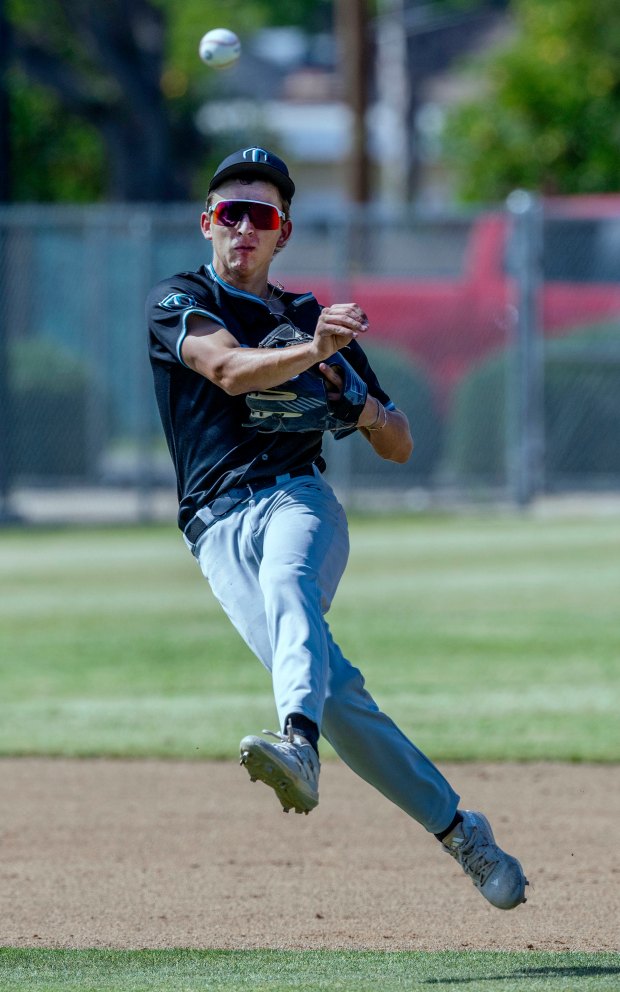 Grand Terrace’s Vann Morris #6 throws out Chino outfielder Joseph...