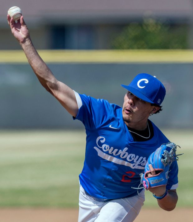 Chino’s Nathan Sena #2 pitches agains tGrand Terrace in a...