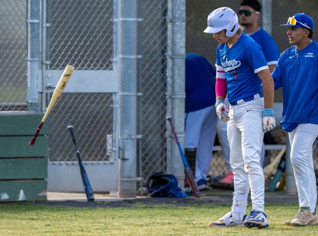 Chino’s Grant Kuhns-Vasquez #1 tosses his bat after Chino’s season...