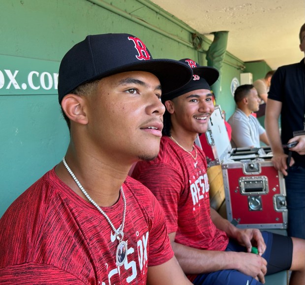 Red Sox draft picks Antonio Anderson, left, and Nazzan Zanetello officially signed with the club on Saturday and took batting practice together on the field at Fenway Park prior to Sunday night's game against the New York Mets. (Mac Cerullo/Boston Herald)