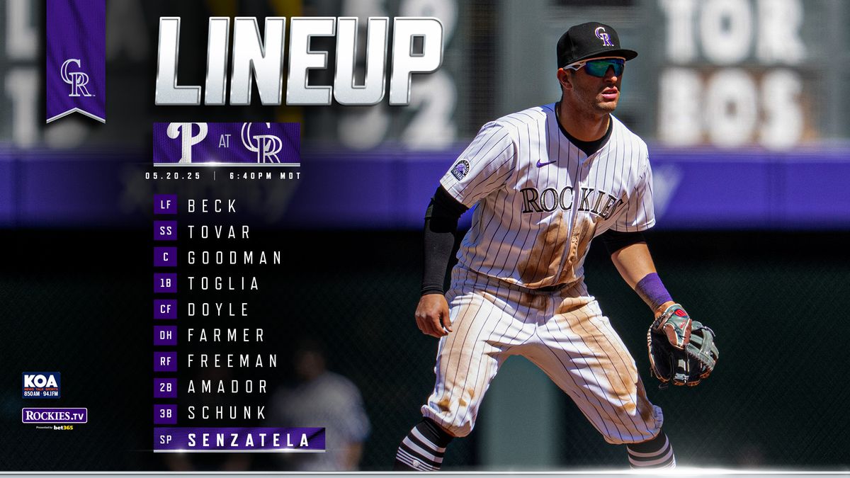 The lineup includes Beck (LF); Tovar (SS); Goodman (C); Toglia (1B); Doyle (CF); Farmer (DH)l Freeman (RF); Amador (2B); Schunk (3B); Senzatela (SP)