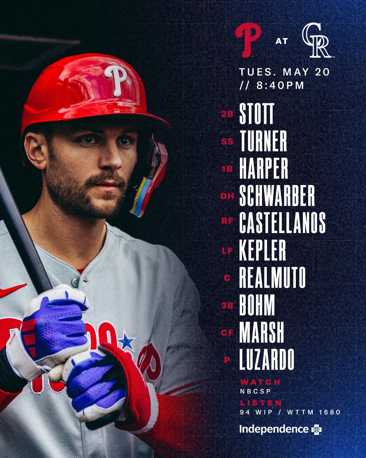 The Phillies lineup includes Stott (2B); Turner (SS); Harper (1B); Schwarber (DH); Castellanos (RF); Kepler (LF); Realmuto (C); Bohm (3B); March (CF); Luzardo (SP)