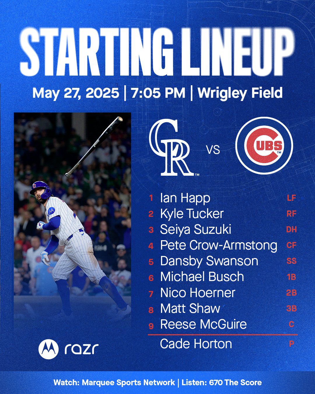 The Cubs lineup is a follows: Happ (LF); Tucker (RF); Suzuki (DH); Crow-Armstrong (CF); Swanson (SS); Busch (1B); Horner (2B); Shaw (3B); McGuire (C); Horton (SP). The photo features a Dansby Swanson batflip.