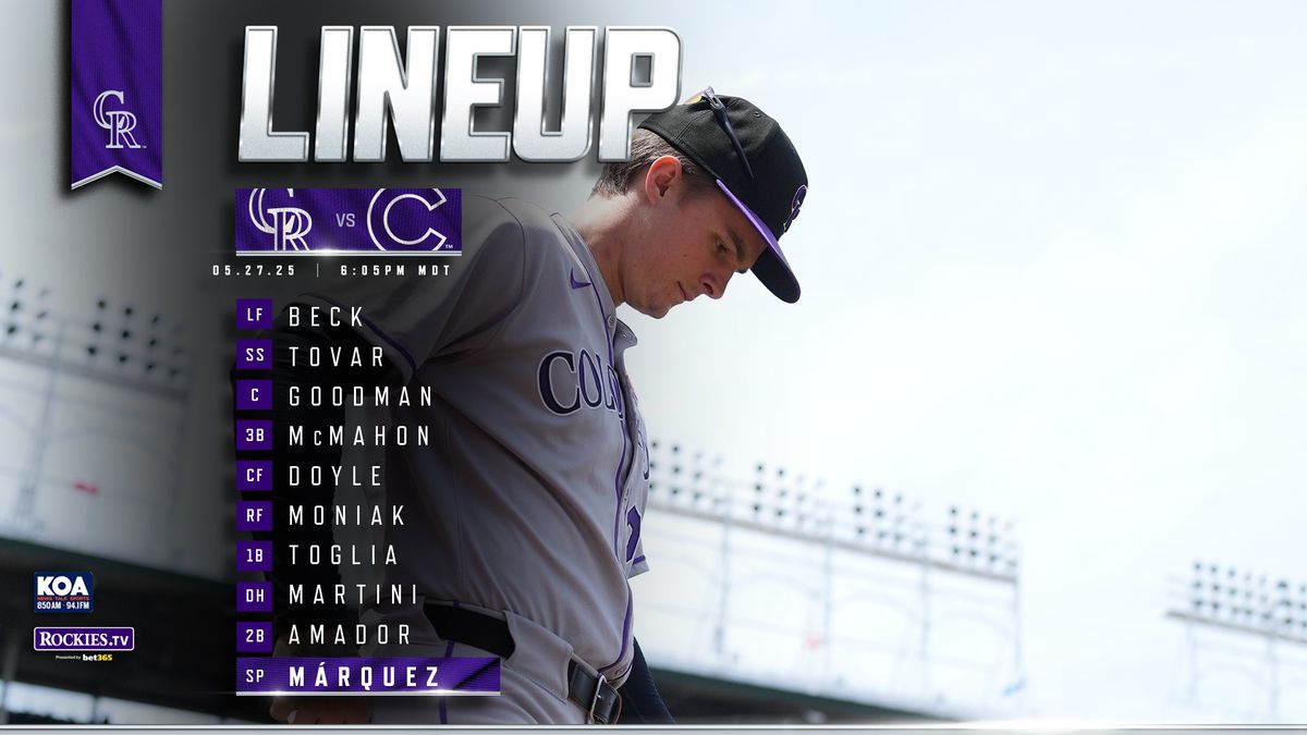 The Rockies lineup is as follows: Beck (LF); Tovar (SS); Goodman (C); McMahon (3B); Doyle (CF); Moniak (RF); Toglia (1B); Martini (DH); Amador (2B); Márquez (SP). A photo of Mickey Moniak is in the background.