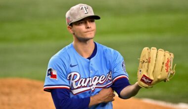 Texas Rangers starting pitcher Jack Leiter comes off the field after pitching against the Houston Astros during the fourth inning of a baseball game in Arlington, Texas, Sunday, May 18, 2025. (AP Photo/Jerome Miron)